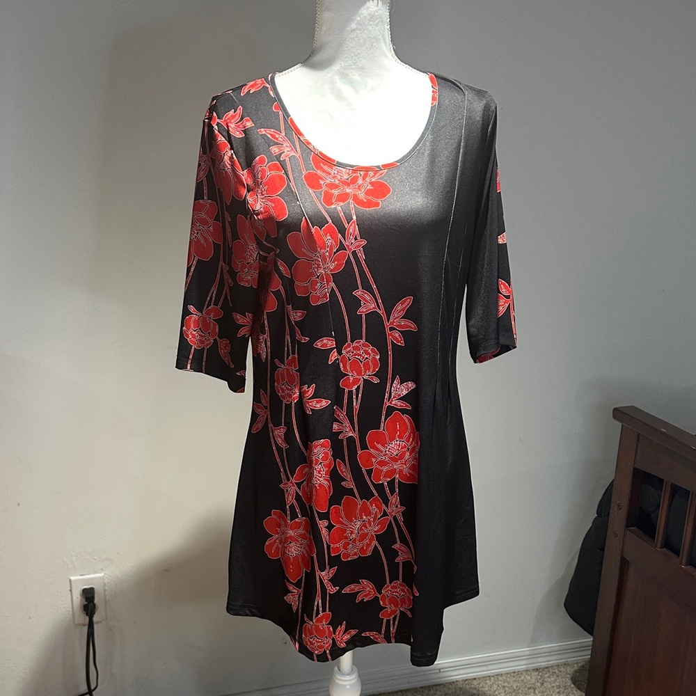 Lily Black Tunic with Red Floral Design